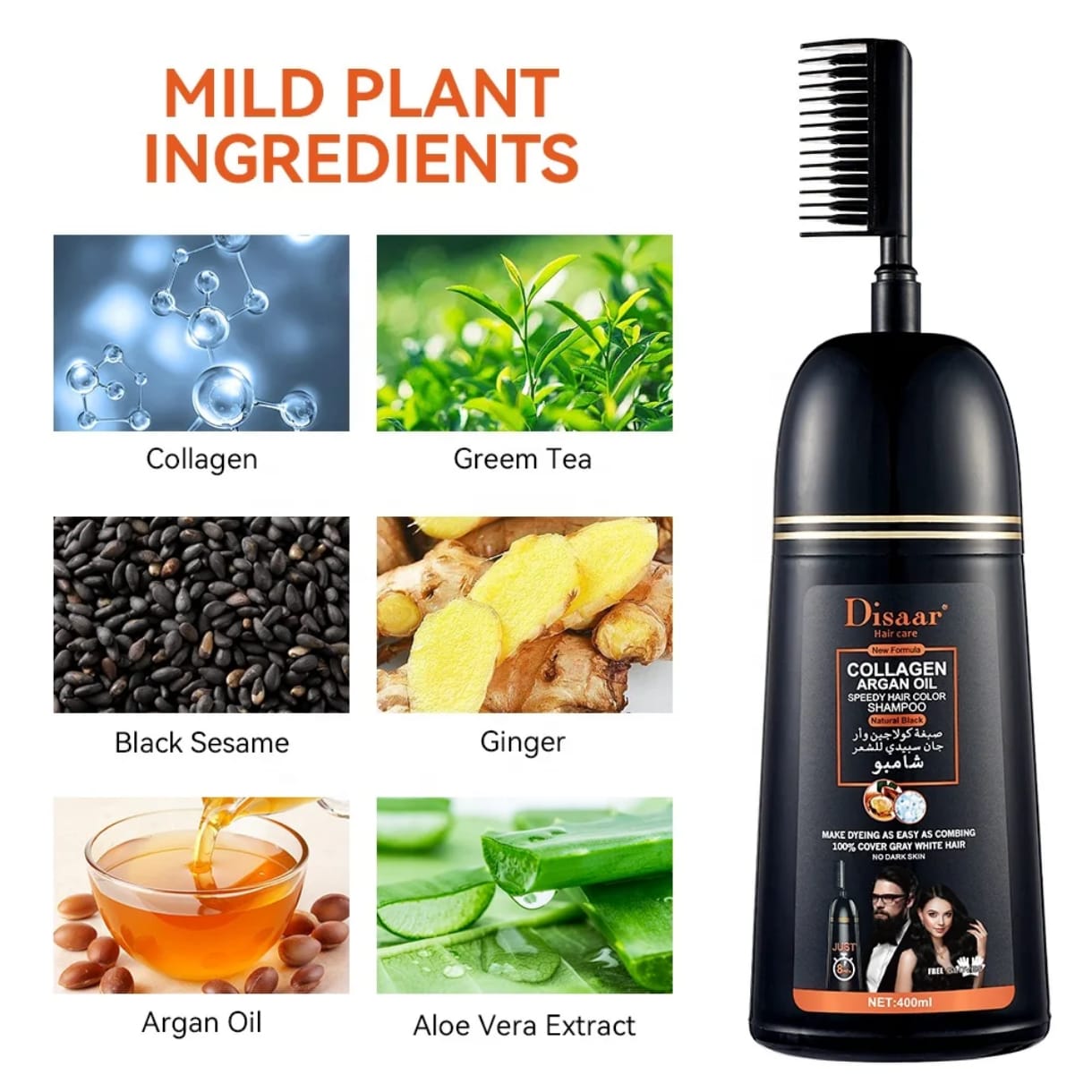 DISAAR-Shampoing Coloration des Cheveux au Ginseng, Soin à l'Huile, Rapide, Teinture Noire, Couvre les Cheveux Gris, Réparation des Cheveux Abîmés, 400ml