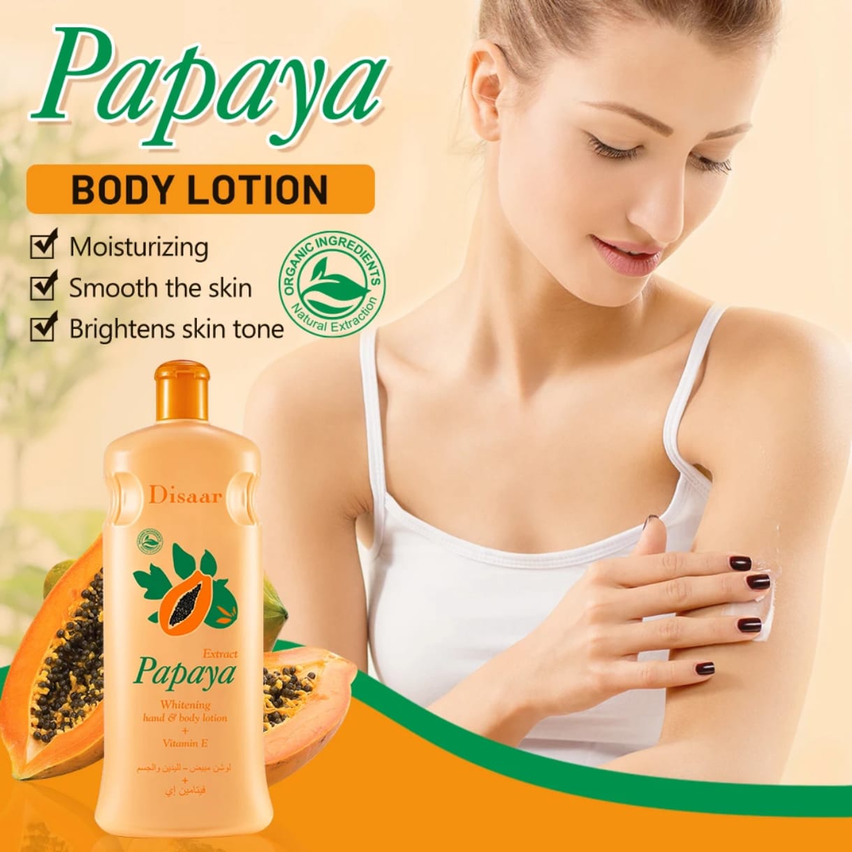 Disaar Lotion Corps Hydratante & Éclaircissante à la Papaye - Vitamine E & B3 - 600 ml
