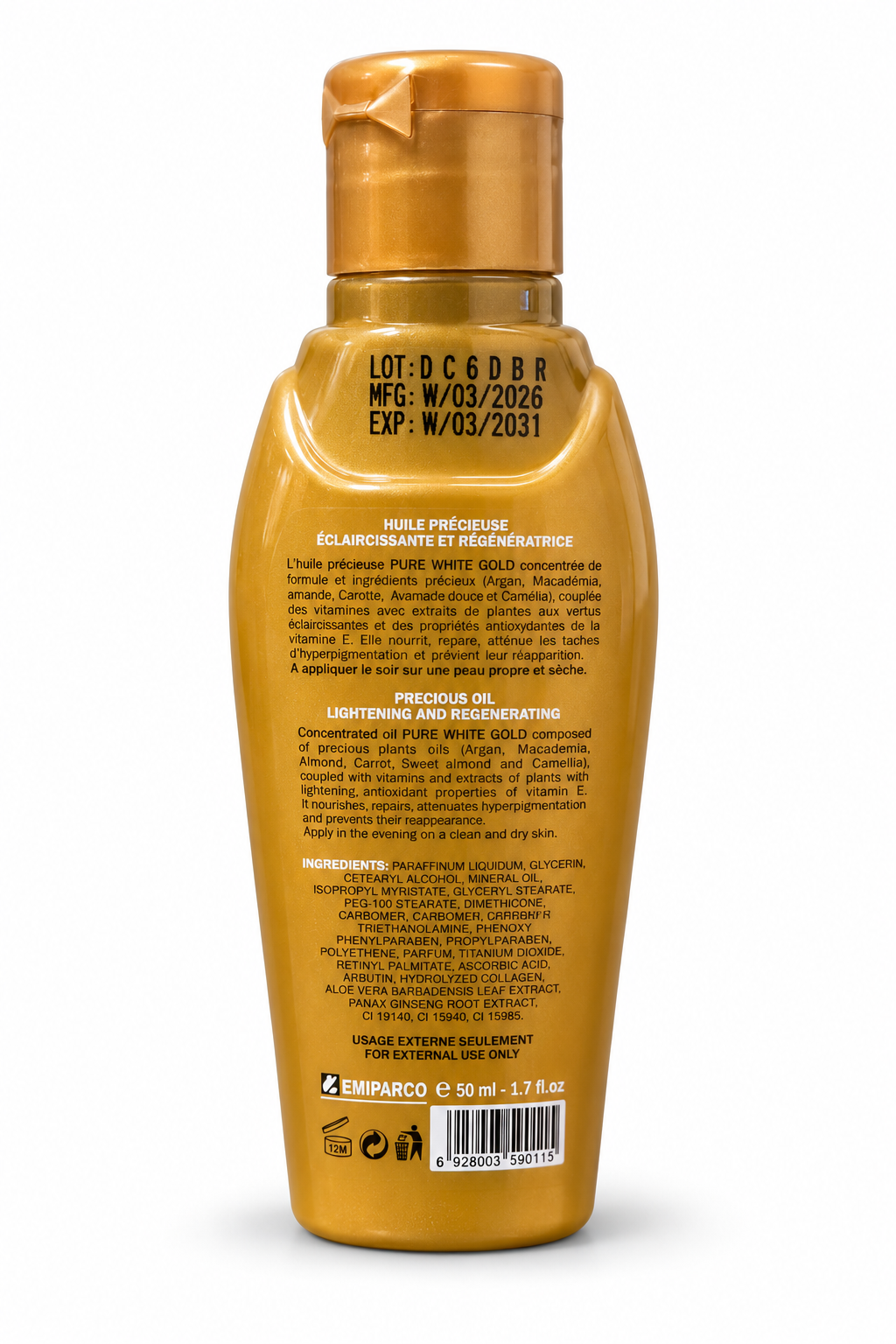 Découvrez l’huile précieuse Pure White Gold Glowing, un soin cosmétique fo