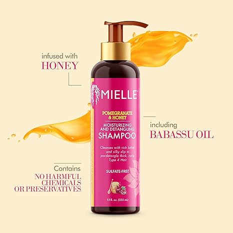 Mielle Shampooing grenade & miel hydratant et démêlant, nettoyant hydratant pour boucles pour cheveux secs et endommagés de type 4, réparez, restaurez et prévenez les frisottis