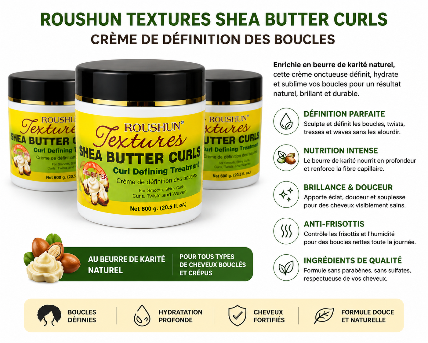Roushun Textures Shea Butter Curls – Crème Définition des Boucles au Beurre de Karité 600 g