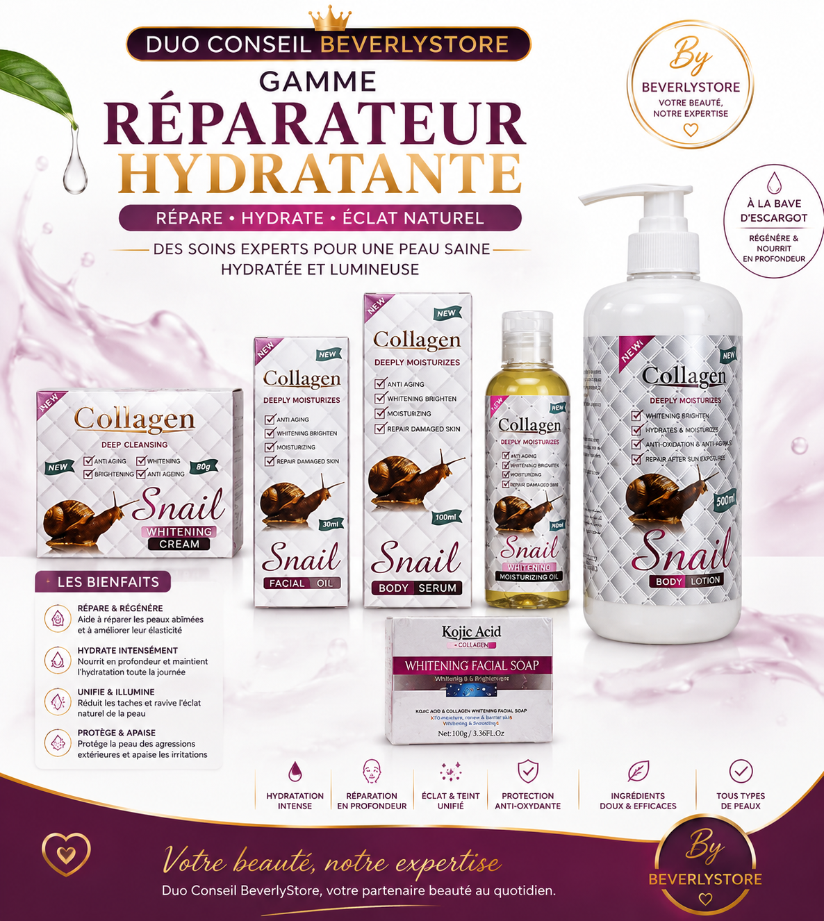 DUO CONSEIL BEVERLYSTORE
Gamme Réparateur Hydratante – Collagen Snail
