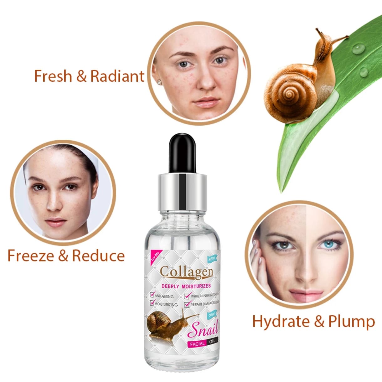 Serum collagène d'escargot pour le visage, hydrate en profondeur, huile essentielle, répare la peau endommagée, éclaircit le visage, 30ml