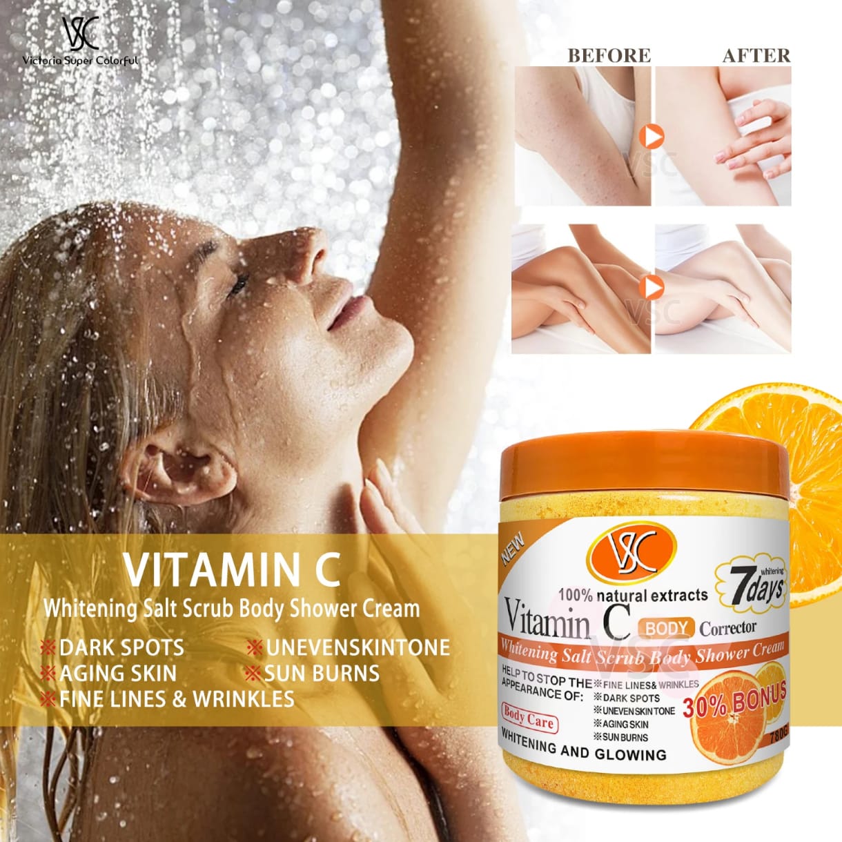 Gommage corporel exfoliant + Crème de douche à la vitamine C clarifiant, réparateur et anti taches brunes