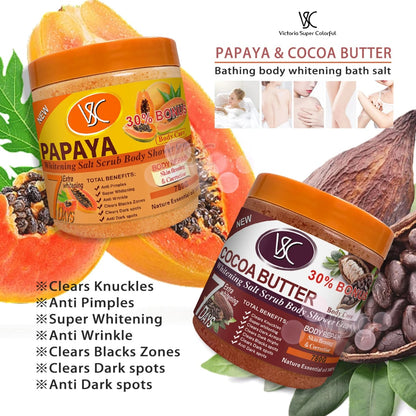 Gommage corporelle au sel et à la papaye, gommage corporel, correction du corps, anti-taches brunes, soin raffermissant de la peau.