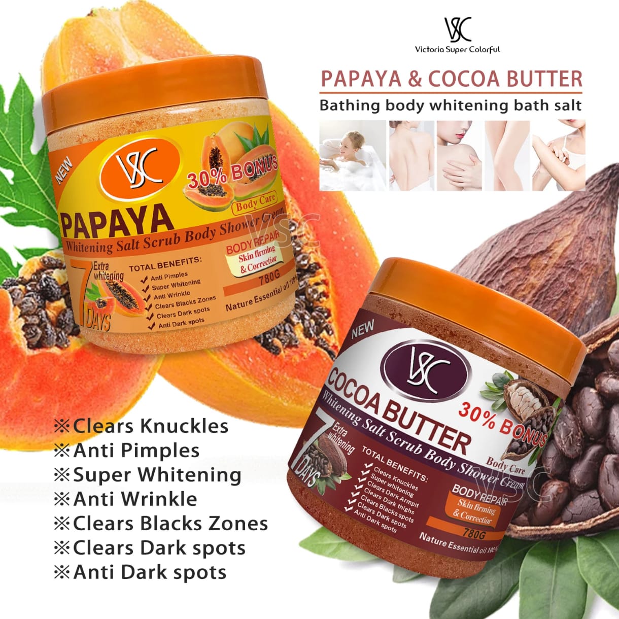 Gommage corporelle au sel et à la papaye, gommage corporel, correction du corps, anti-taches brunes, soin raffermissant de la peau.