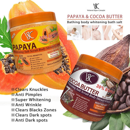 Gommage corporelle au sel et à la papaye, gommage corporel, correction du corps, anti-taches brunes, soin raffermissant de la peau.