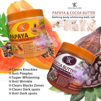 Gommage corporelle au sel et à la papaye, gommage corporel, correction du corps, anti-taches brunes, soin raffermissant de la peau.