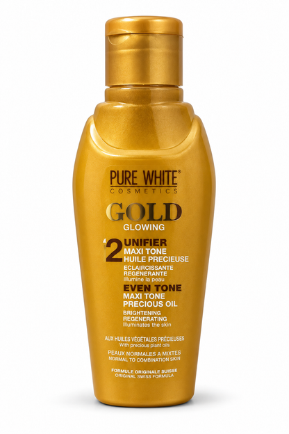 Découvrez l’huile précieuse Pure White Gold Glowing, un soin cosmétique fo