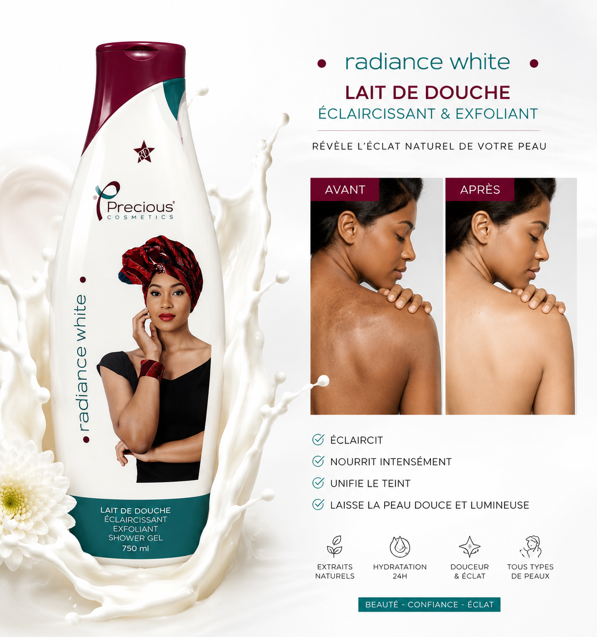 Precious Cosmetics Radiance White – Lait de Douche Éclaircissant & Exfoliant