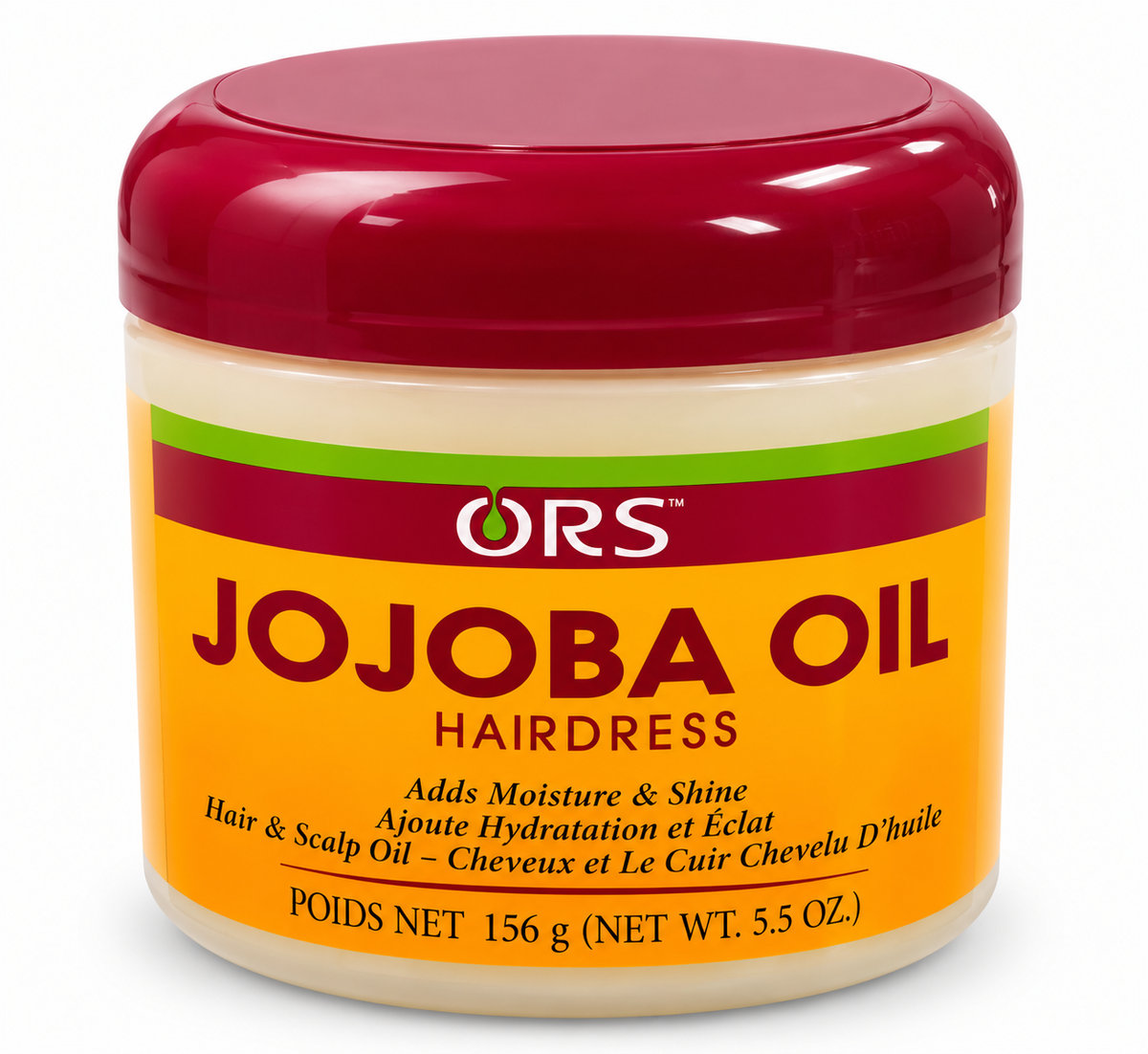Voici la photo du dos du ORS Jojoba Oil Hair dress 156 g, avec un fond blanc, idéale pour présenter les ingrédients et les précautions d’utilisation sur Beverly Store.