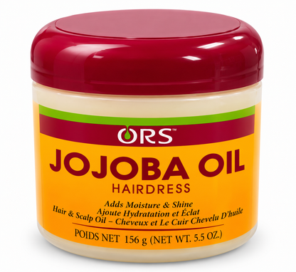 Voici la photo du dos du ORS Jojoba Oil Hair dress 156 g, avec un fond blanc, idéale pour présenter les ingrédients et les précautions d’utilisation sur Beverly Store.