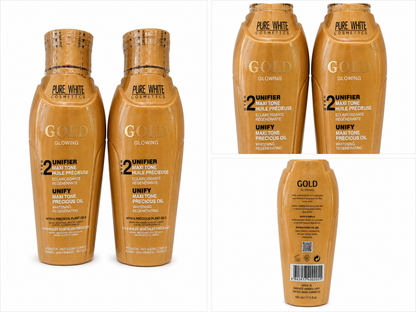 Pur White Gold 100ml Pure White L’huile Gold Glowing de Pure  est un soin illuminateur enrichi en huiles précieuses végétales, conçu pour hydrater, unifier et sublimer l’éclat naturel de la peau – Gold Glowing Unifier Maxi Tone Precious Oil