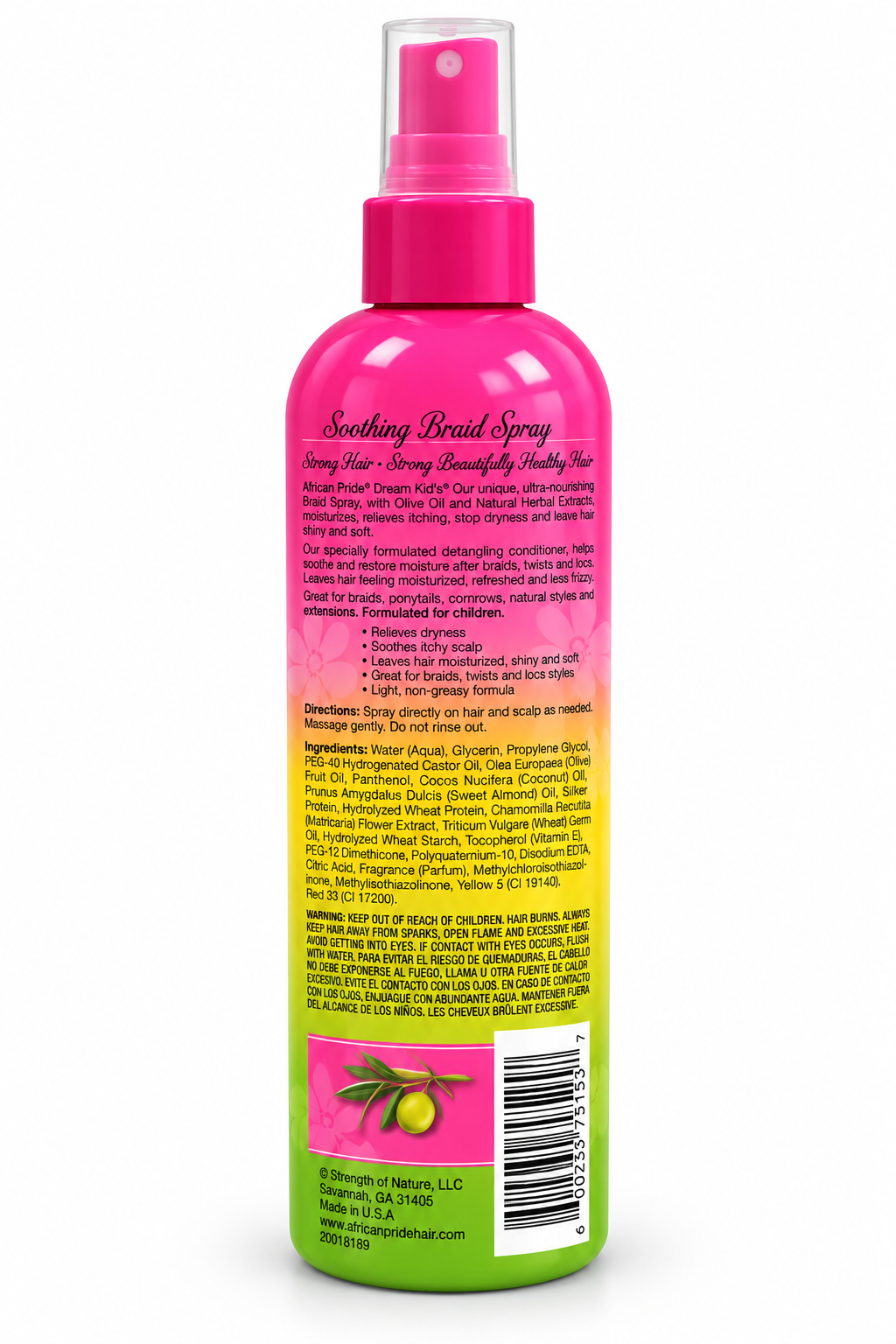 African Pride Dream Kids Olive Miracle Braid Spray 355 ml – Spray Hydratant et Apaisant pour Tresses, Nattes et Cuir Chevelu