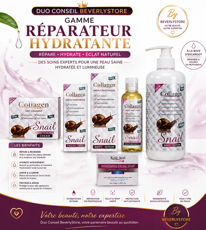 DUO CONSEIL BEVERLYSTORE
Gamme Réparateur Hydratante – Collagen Snail