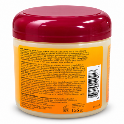 Voici la photo du dos du ORS Jojoba Oil Hair dress 156 g, avec un fond blanc, idéale pour présenter les ingrédients et les précautions d’utilisation sur Beverly Store.