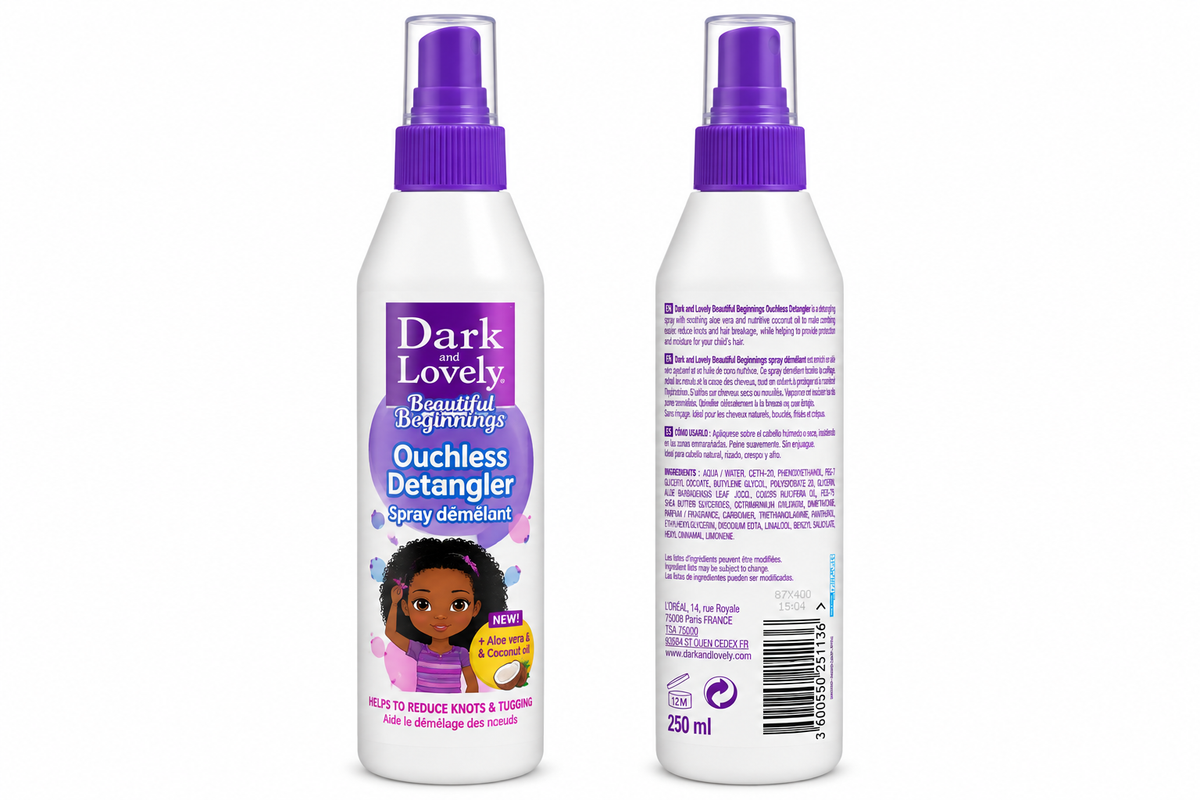 Dark and Lovely Beautiful Beginnings Ouchless Detangler – Spray Démêlant Enfants à l’Aloe Vera et à l’Huile de Coco, 250 ml.