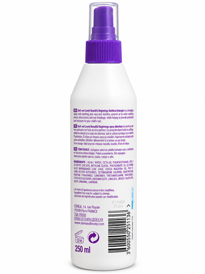 Dark and Lovely Beautiful Beginnings Ouchless Detangler – Spray Démêlant Enfants à l’Aloe Vera et à l’Huile de Coco, 250 ml.
