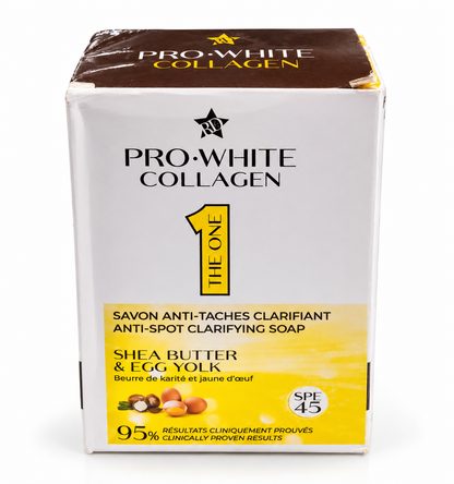 Savon PRO-WHITE COLLAGEN THE ONE 200 g – Beurre de Karité et Jaune d’Œuf, Savon Clarifiant Anti-Taches pour le Visage et le Corps