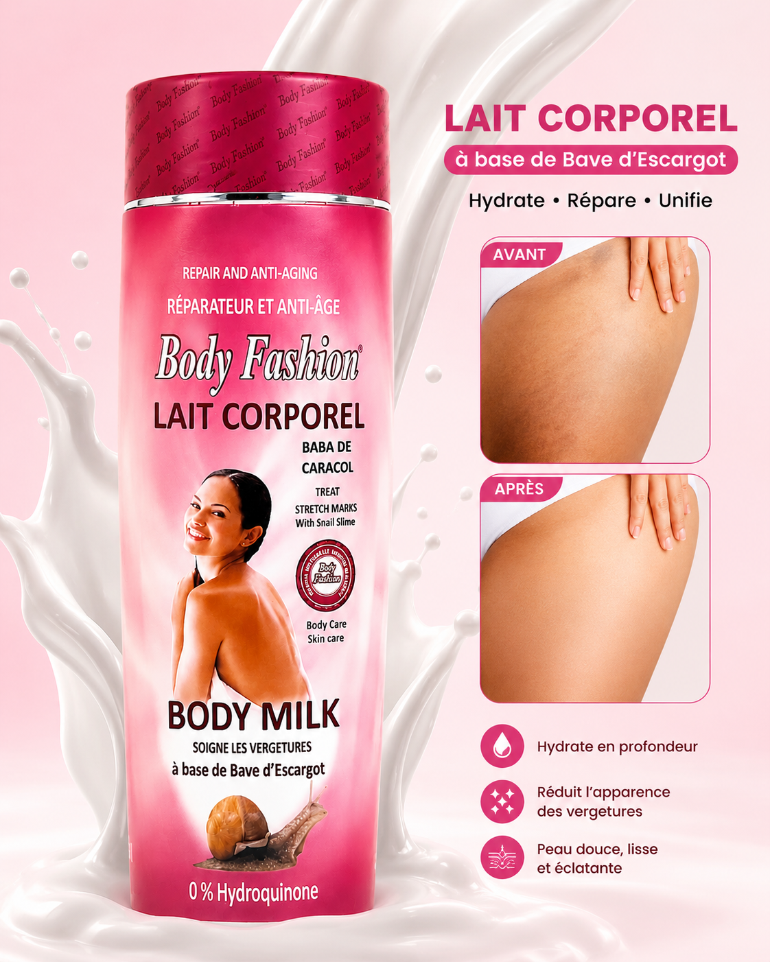 Body Fashion Lait Corporel à la Bave d’Escargot – Réparateur & Anti-Âge