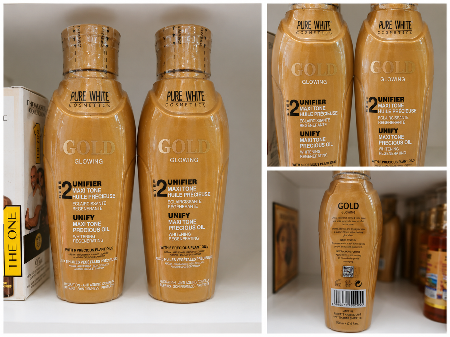 Pur White Gold 100ml Pure White L’huile Gold Glowing de Pure  est un soin illuminateur enrichi en huiles précieuses végétales, conçu pour hydrater, unifier et sublimer l’éclat naturel de la peau – Gold Glowing Unifier Maxi Tone Precious Oil