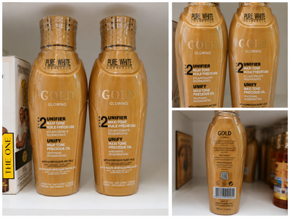 Pur White Gold 100ml Pure White L’huile Gold Glowing de Pure  est un soin illuminateur enrichi en huiles précieuses végétales, conçu pour hydrater, unifier et sublimer l’éclat naturel de la peau – Gold Glowing Unifier Maxi Tone Precious Oil